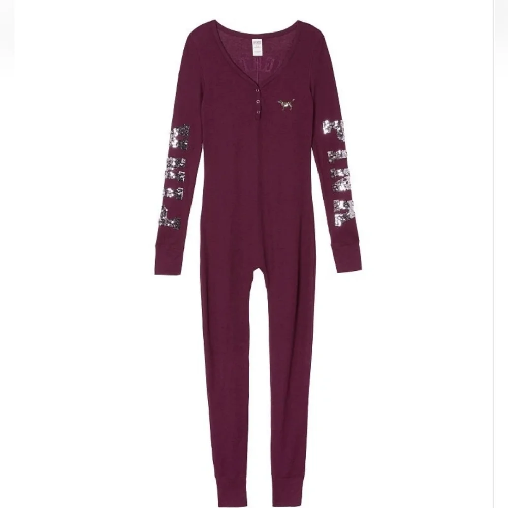 PINK Victoria's Secret Burgundy Pajama Onesie - Picture 4 of 14